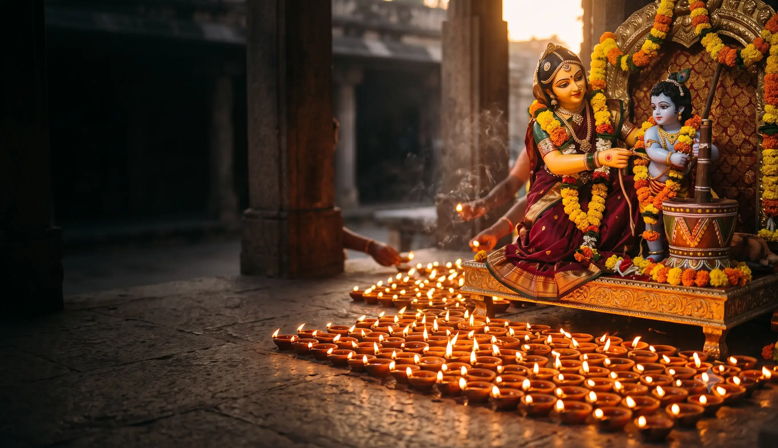 Sri Sri Yashoda Damodar with rows of ghee lamps offered during Kartik Maas