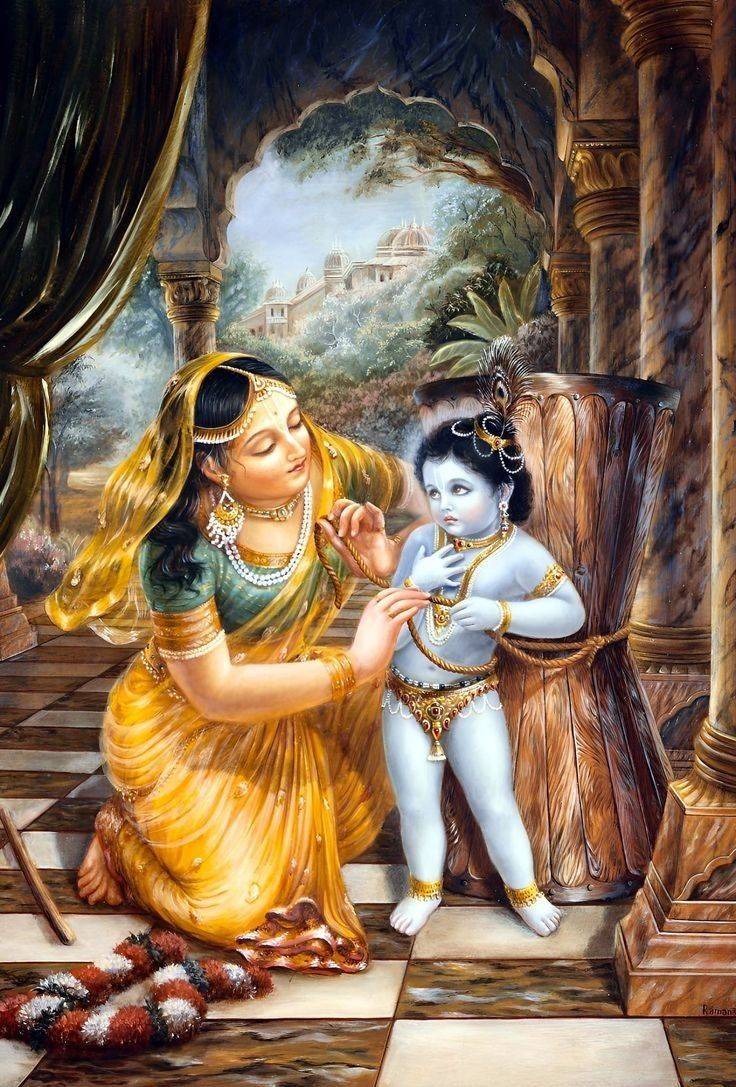 Mother Yashoda binding Krishna to the grinding mortar